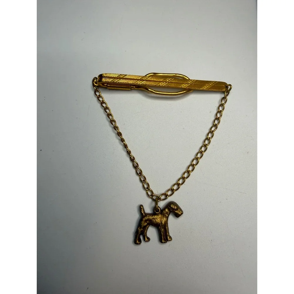 Gold Tone Terrier Dog Charm Tie Clip Etched Bar Men's Accessory